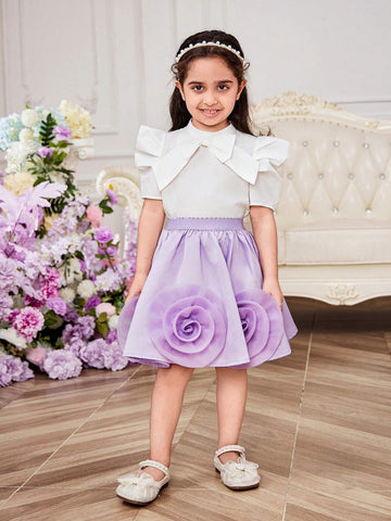 Young Girl Woven Solid Color Bowknot Short Sleeve Casual Shirt