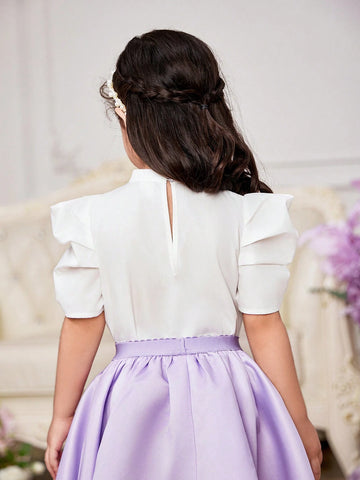 Young Girl Woven Solid Color Bowknot Short Sleeve Casual Shirt