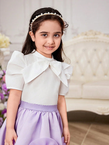 Young Girl Woven Solid Color Bowknot Short Sleeve Casual Shirt