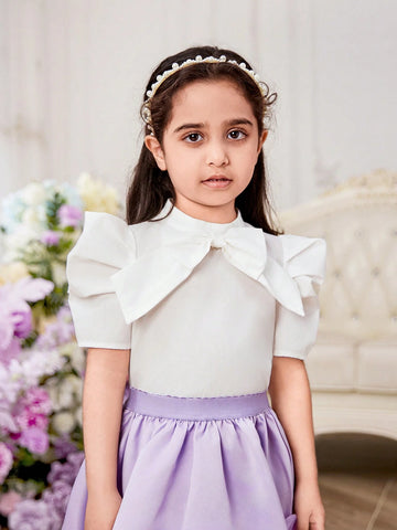 Young Girl Woven Solid Color Bowknot Short Sleeve Casual Shirt