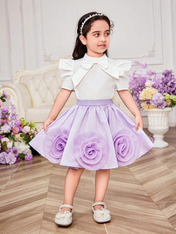 Young Girl Woven Solid Color Bowknot Short Sleeve Casual Shirt