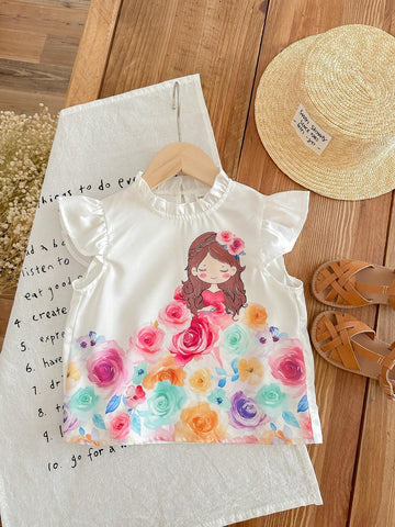 Young Girl Woven Solid Color Cute Girl Pattern Round Neck Shirt With Ruffle Hem & Stand Collar