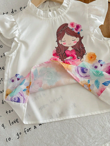 Young Girl Woven Solid Color Cute Girl Pattern Round Neck Shirt With Ruffle Hem & Stand Collar