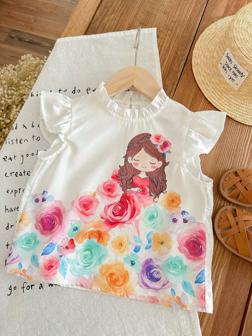 Young Girl Woven Solid Color Cute Girl Pattern Round Neck Shirt With Ruffle Hem & Stand Collar