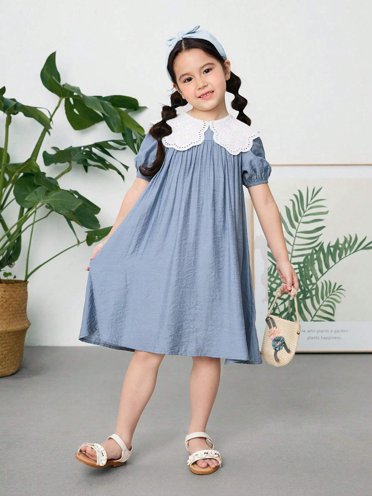 Young Girl Woven Solid Color Doll Collar Dress, Casual
