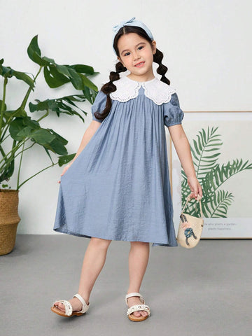 Young Girl Woven Solid Color Doll Collar Dress, Casual