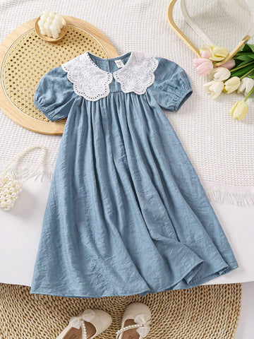Young Girl Woven Solid Color Doll Collar Dress, Casual