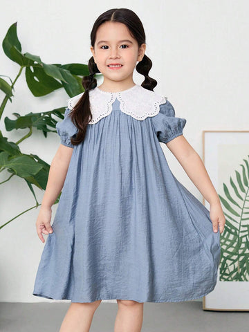 Young Girl Woven Solid Color Doll Collar Dress, Casual