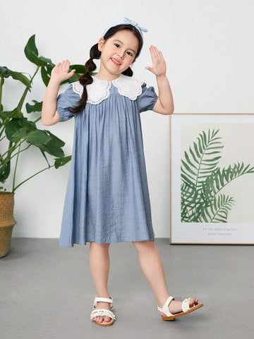 Young Girl Woven Solid Color Doll Collar Dress, Casual