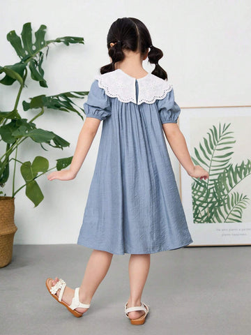 Young Girl Woven Solid Color Doll Collar Dress, Casual