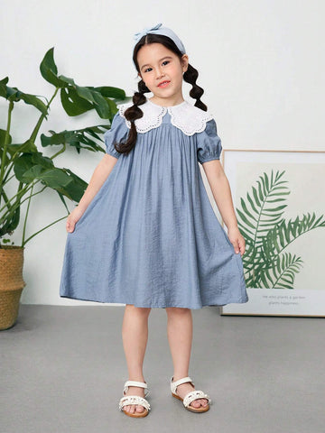 Young Girl Woven Solid Color Doll Collar Dress, Casual