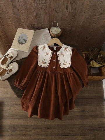 Young Girl Woven Solid Color Dolly Neck Loose Casual Dress