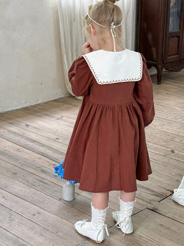 Young Girl Woven Solid Color Dolly Neck Loose Casual Dress