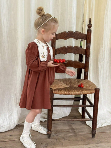 Young Girl Woven Solid Color Dolly Neck Loose Casual Dress