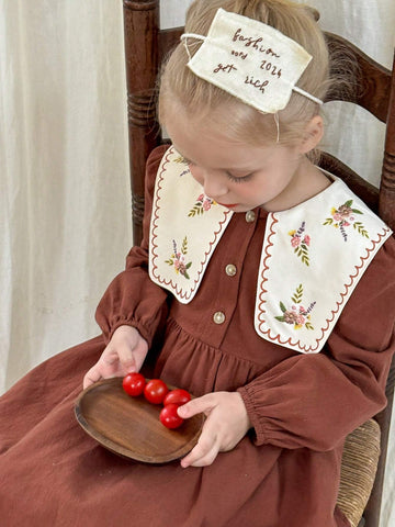 Young Girl Woven Solid Color Dolly Neck Loose Casual Dress