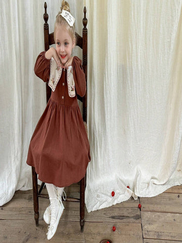 Young Girl Woven Solid Color Dolly Neck Loose Casual Dress