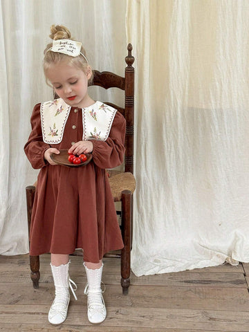 Young Girl Woven Solid Color Dolly Neck Loose Casual Dress