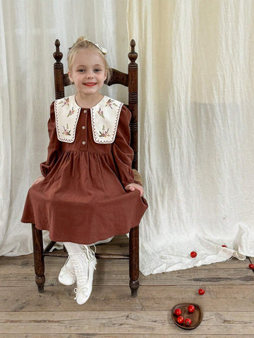 Young Girl Woven Solid Color Dolly Neck Loose Casual Dress