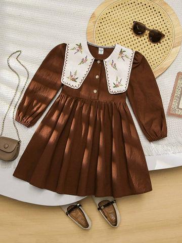 Young Girl Woven Solid Color Dolly Neck Loose Casual Dress