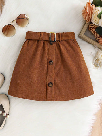 Young Girl Woven Solid Color Fitted Single Breasted Short Casual Skirt