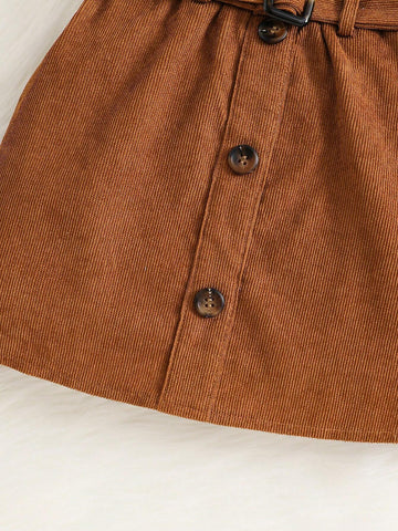 Young Girl Woven Solid Color Fitted Single Breasted Short Casual Skirt