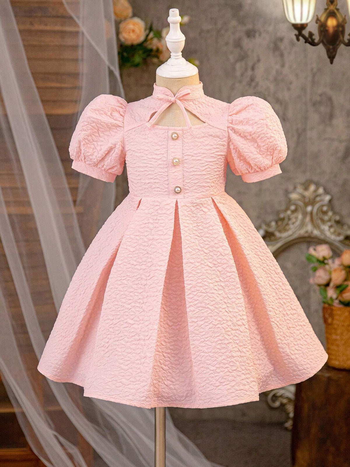 Young Girl Woven Solid Color Jacquard Small Stand Collar Slim Fit Casual Dress