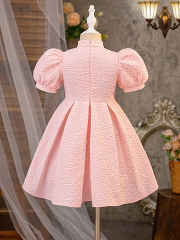 Young Girl Woven Solid Color Jacquard Small Stand Collar Slim Fit Casual Dress