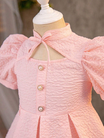 Young Girl Woven Solid Color Jacquard Small Stand Collar Slim Fit Casual Dress