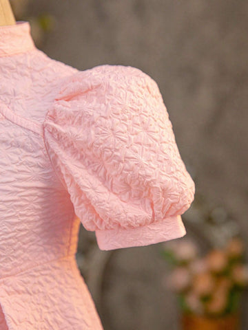 Young Girl Woven Solid Color Jacquard Small Stand Collar Slim Fit Casual Dress