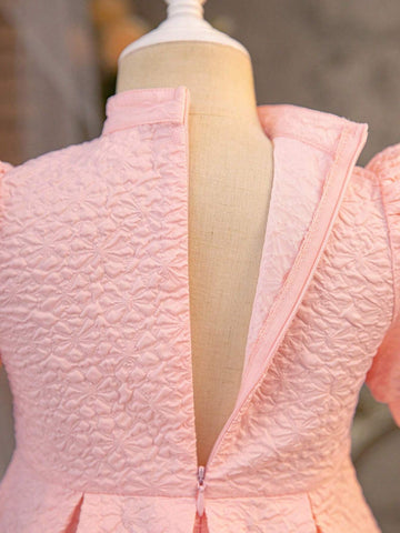 Young Girl Woven Solid Color Jacquard Small Stand Collar Slim Fit Casual Dress