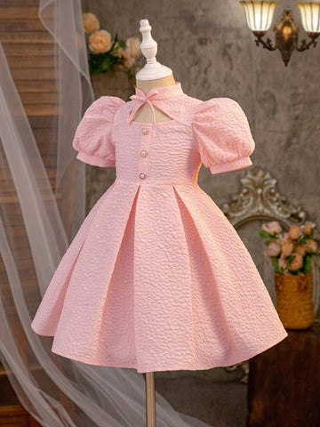 Young Girl Woven Solid Color Jacquard Small Stand Collar Slim Fit Casual Dress