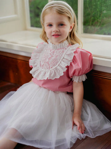 Young Girl Woven Solid Color Lace Puff Sleeve Ruffle-Trimmed Fitting Casual Shirt