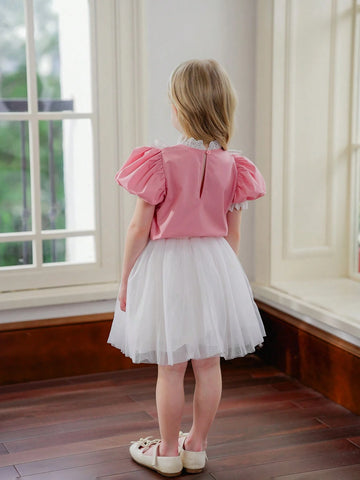 Young Girl Woven Solid Color Lace Puff Sleeve Ruffle-Trimmed Fitting Casual Shirt