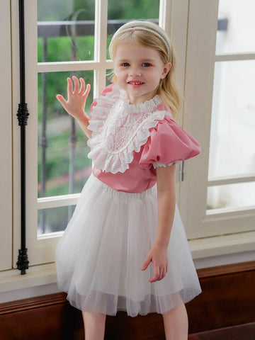 Young Girl Woven Solid Color Lace Puff Sleeve Ruffle-Trimmed Fitting Casual Shirt