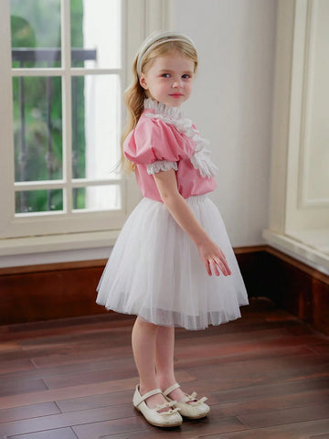 Young Girl Woven Solid Color Lace Puff Sleeve Ruffle-Trimmed Fitting Casual Shirt