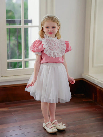 Young Girl Woven Solid Color Lace Puff Sleeve Ruffle-Trimmed Fitting Casual Shirt