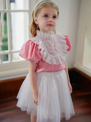 Young Girl Woven Solid Color Lace Puff Sleeve Ruffle-Trimmed Fitting Casual Shirt