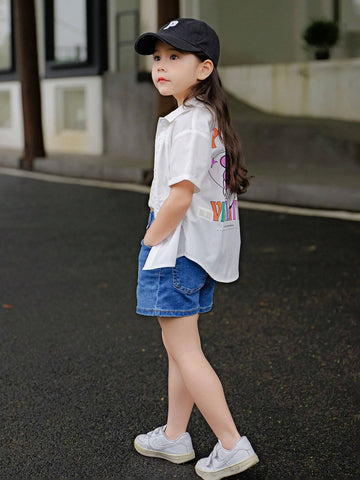 Young Girl Woven Solid Color Letter & Flower Print Fitted Casual Shirt