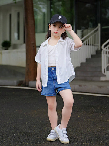 Young Girl Woven Solid Color Letter & Flower Print Fitted Casual Shirt
