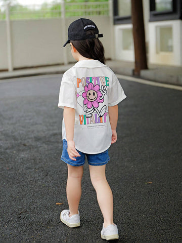 Young Girl Woven Solid Color Letter & Flower Print Fitted Casual Shirt
