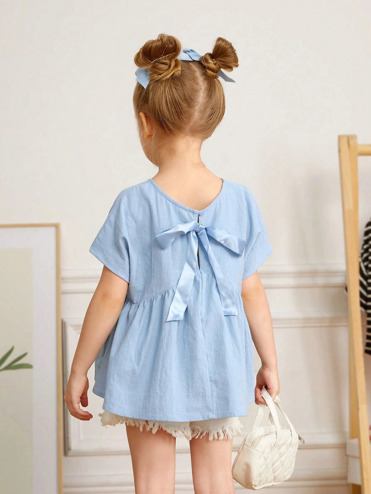 Young Girl Woven Solid Color Loose Casual Blouse With Round Neck & Bowtie