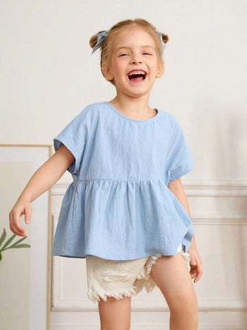 Young Girl Woven Solid Color Loose Casual Blouse With Round Neck & Bowtie