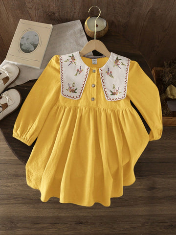 Young Girl Woven Solid Color Loose Casual Peter Pan Collar Dress
