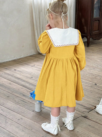 Young Girl Woven Solid Color Loose Casual Peter Pan Collar Dress