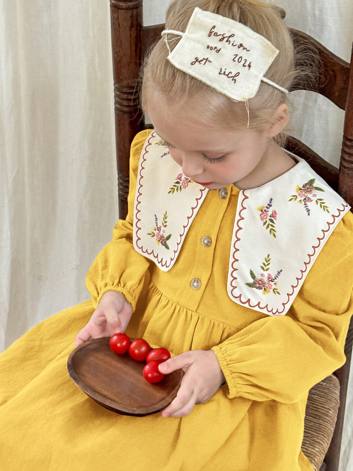 Young Girl Woven Solid Color Loose Casual Peter Pan Collar Dress