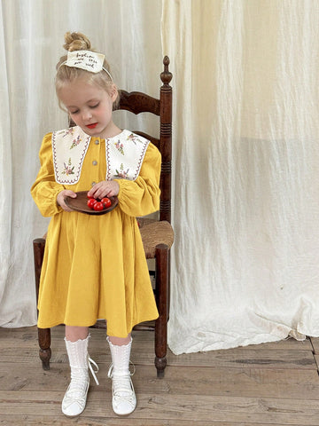 Young Girl Woven Solid Color Loose Casual Peter Pan Collar Dress