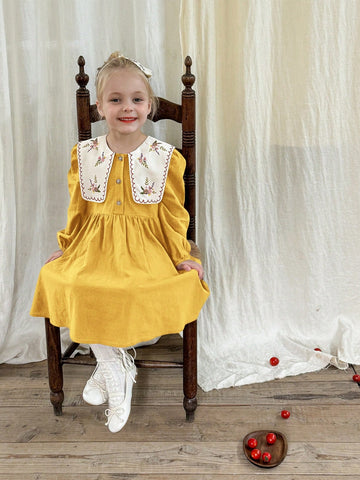 Young Girl Woven Solid Color Loose Casual Peter Pan Collar Dress