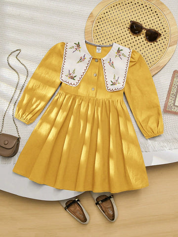 Young Girl Woven Solid Color Loose Casual Peter Pan Collar Dress