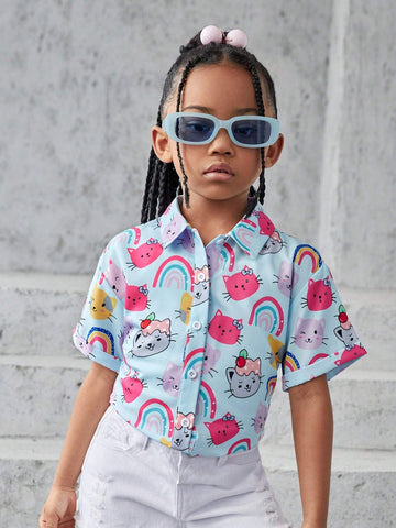Young Girl Woven Solid Color Loose Casual Shirt With Letter Graffiti Design