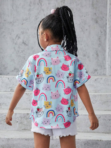 Young Girl Woven Solid Color Loose Casual Shirt With Letter Graffiti Design
